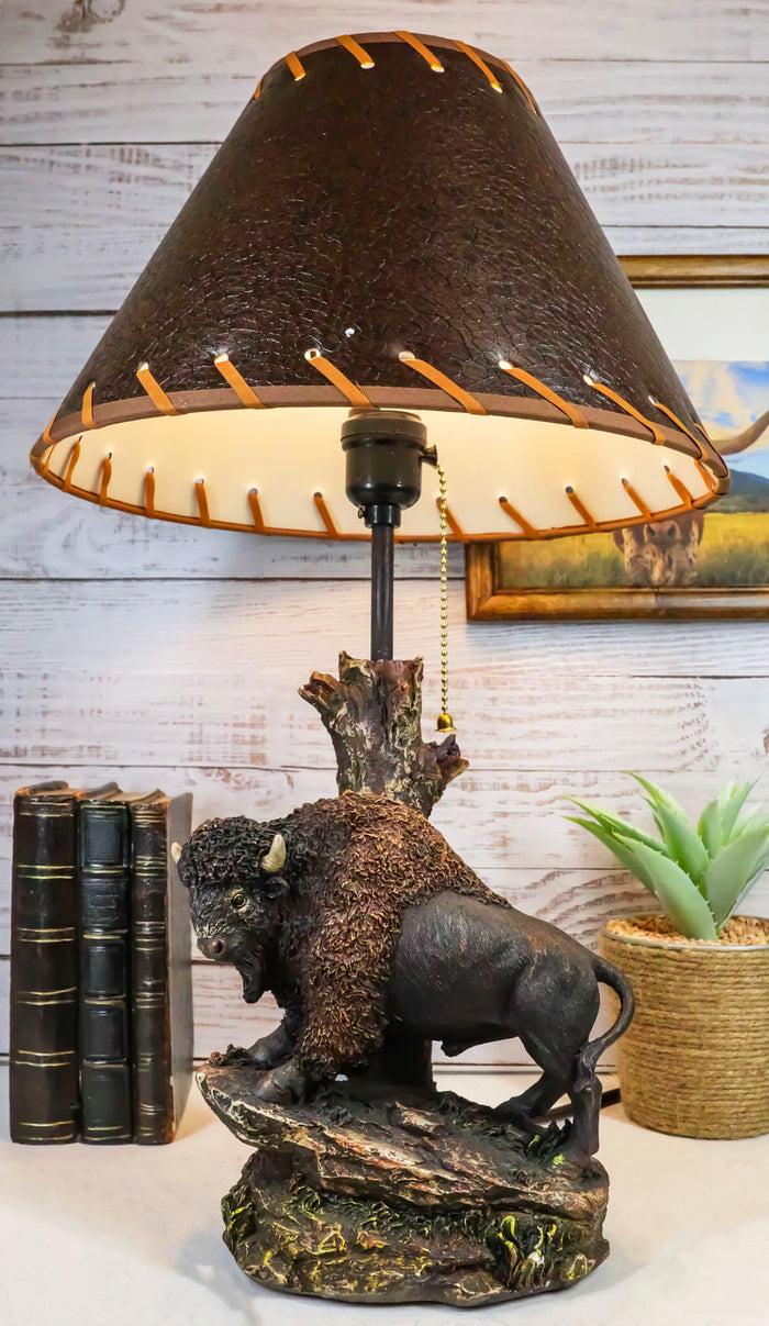 ebros gift Western Plains Bison Buffalo On Sloped Rocks By Tree Stump Desktop Table Lamp
