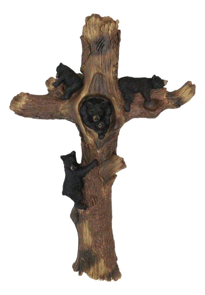 ebros gift Western Playful Climbing Black Bear Cubs With Mama Bear Faux Tree Log Wall Cross