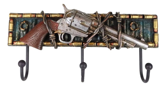 Ebros Gift Western Revolver Pistol Barbed Wires Bullet Shells 3-Peg Wall Hooks Plaque