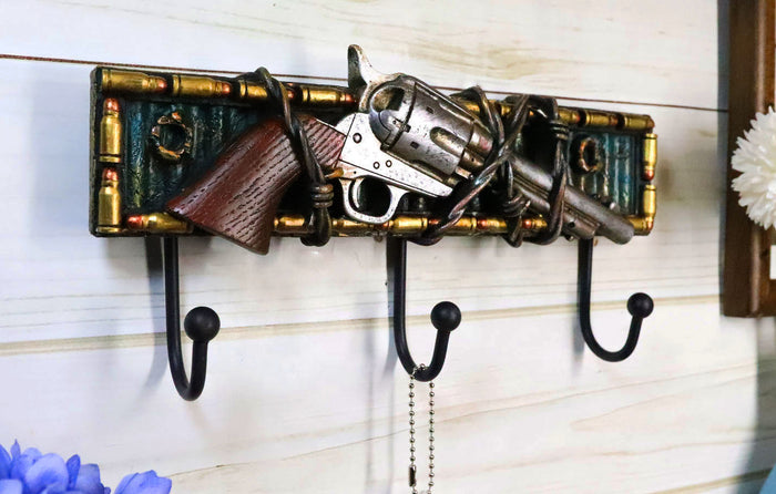 Ebros Gift Western Revolver Pistol Barbed Wires Bullet Shells 3-Peg Wall Hooks Plaque