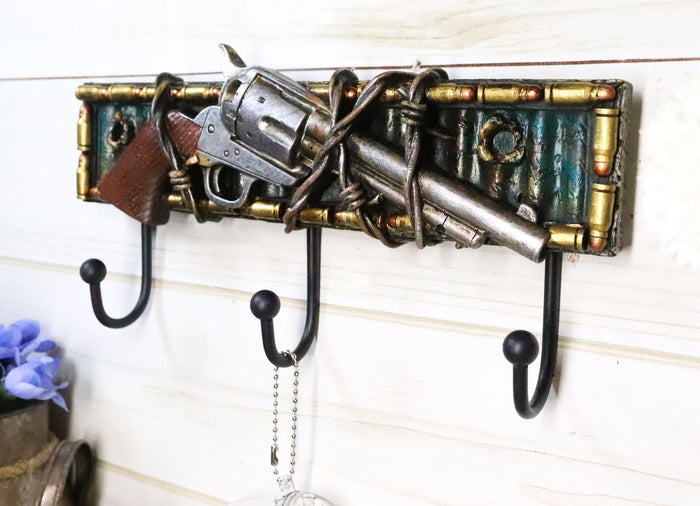 ebros gift Western Revolver Pistol Barbed Wires Bullet Shells 3-Peg Wall Hooks Plaque