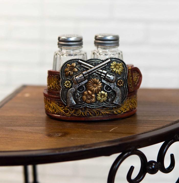 ebros gift Western Revolver Six Shooter Pistols On Belt Buckle Salt And Pepper Shakers Set