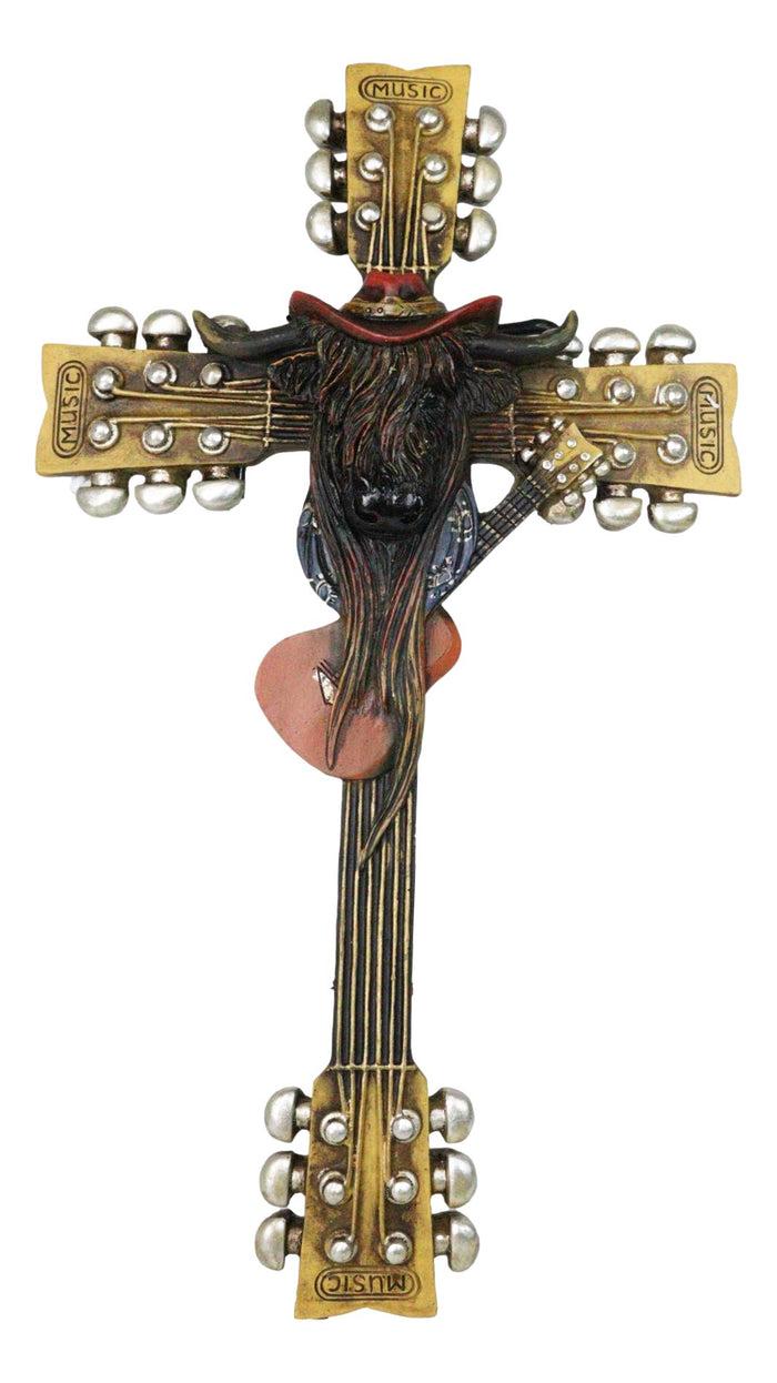 ebros gift Western Rock And Roll Music Guitars With Cowboy Highland Cow Wall Cross Plaque