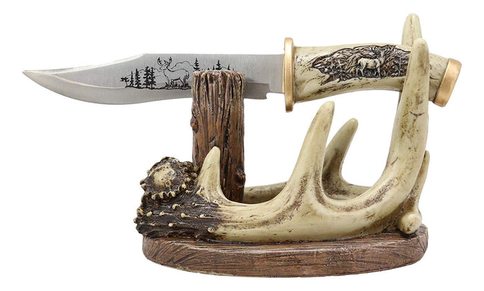 Ebros Gift Western Rustic 8 Point Buck Stag Deer Antlers Display With Elk Sculpted Dagger