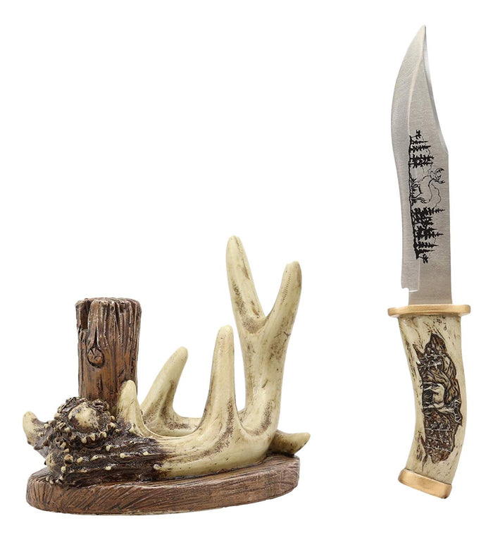 Ebros Gift Western Rustic 8 Point Buck Stag Deer Antlers Display With Elk Sculpted Dagger