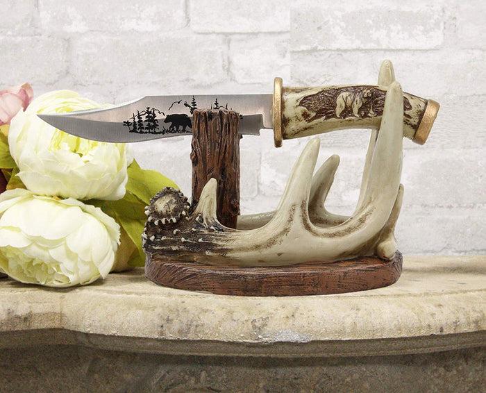 Ebros Gift Western Rustic 8 Point Buck Stag Deer Antlers Display With Bear Sculpted Dagger