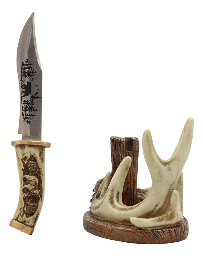 Ebros Gift Western Rustic 8 Point Buck Stag Deer Antlers Display With Bear Sculpted Dagger
