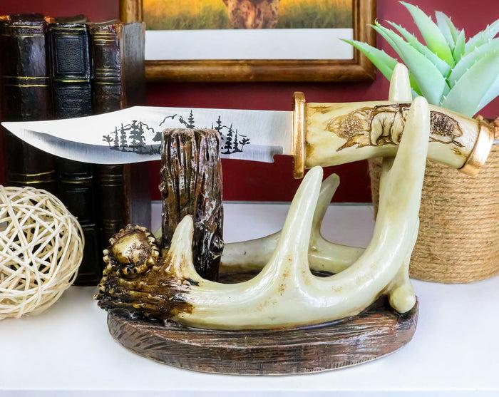 ebros gift Western Rustic 8 Point Buck Stag Deer Antlers Display With Bear Sculpted Dagger