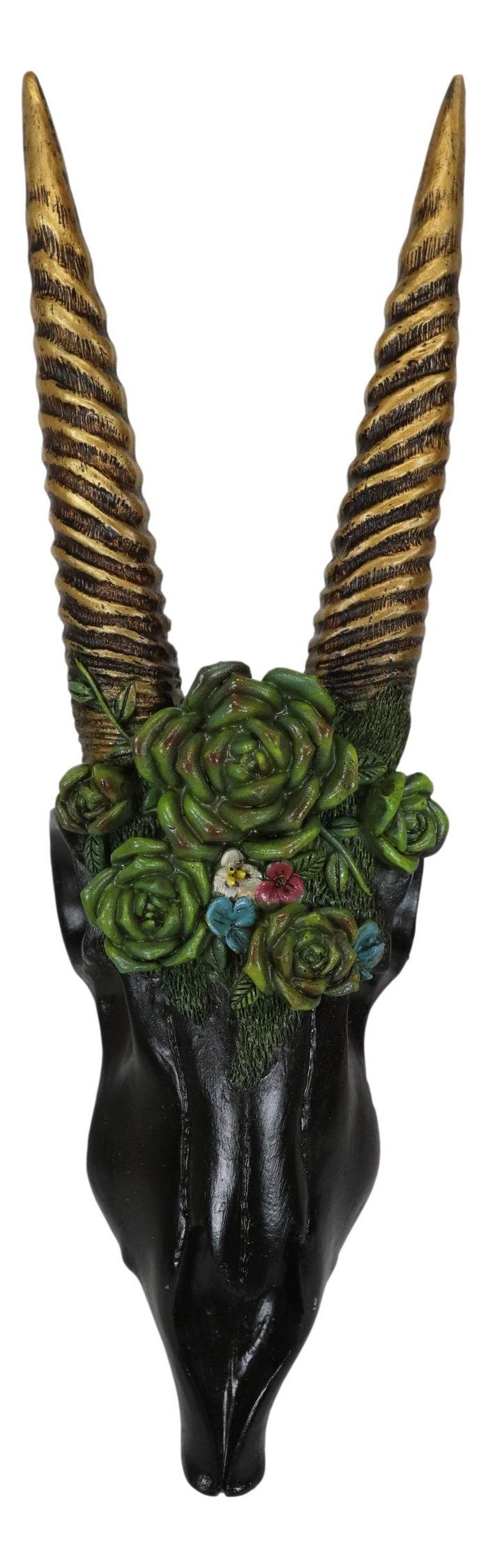Ebros Gift Western Rustic Black Rhim Gazelle Antelope Skull With Roses Wall Trophy Decor