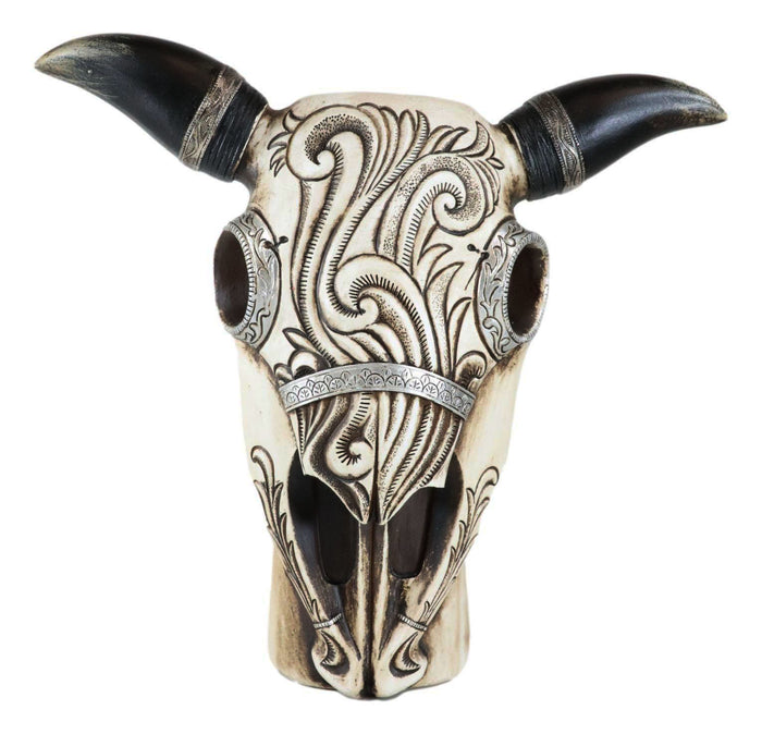 Ebros Gift Western Rustic Cow Skull With Tooled Tribal Scroll Detailing Vase Planter Decor