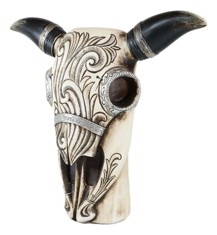 Ebros Gift Western Rustic Cow Skull With Tooled Tribal Scroll Detailing Vase Planter Decor