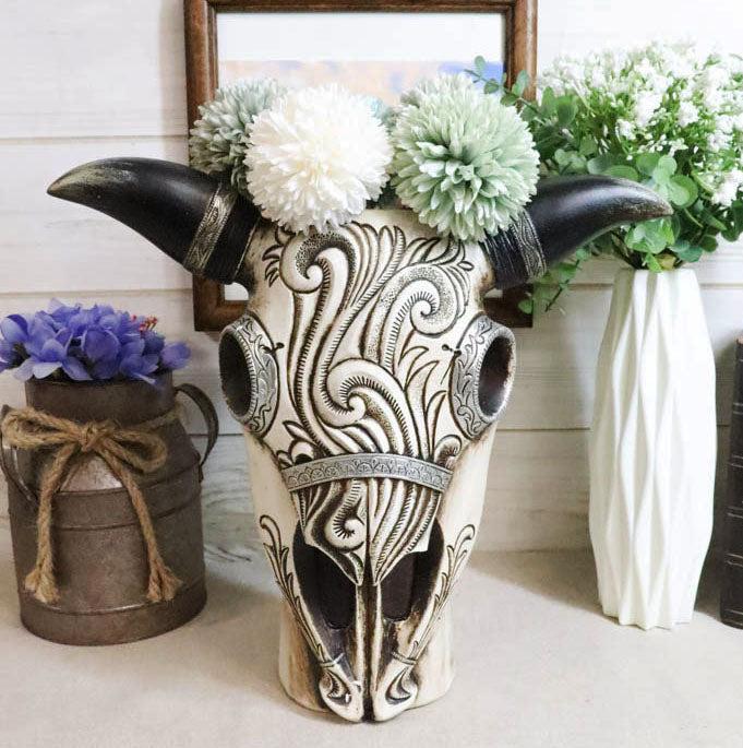 ebros gift Western Rustic Cow Skull With Tooled Tribal Scroll Detailing Vase Planter Decor