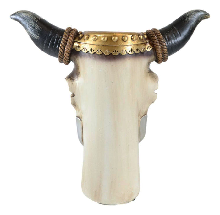 Ebros Gift Western Rustic Cow Skull With Turquoise Rocks Cross And Ropes Vase Planter Decor