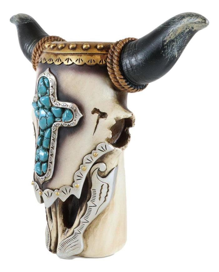 Ebros Gift Western Rustic Cow Skull With Turquoise Rocks Cross And Ropes Vase Planter Decor