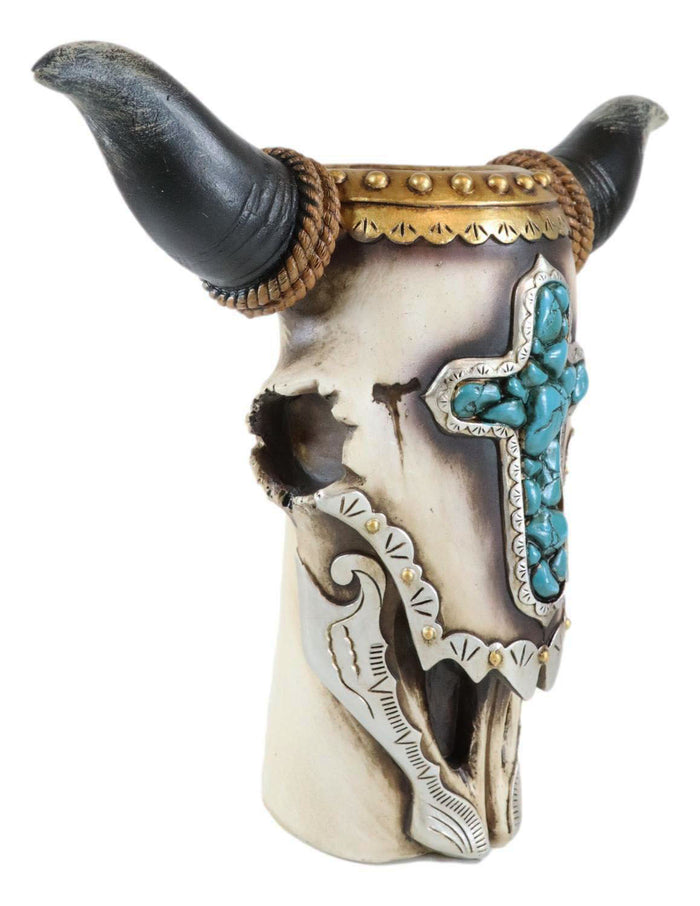 Ebros Gift Western Rustic Cow Skull With Turquoise Rocks Cross And Ropes Vase Planter Decor