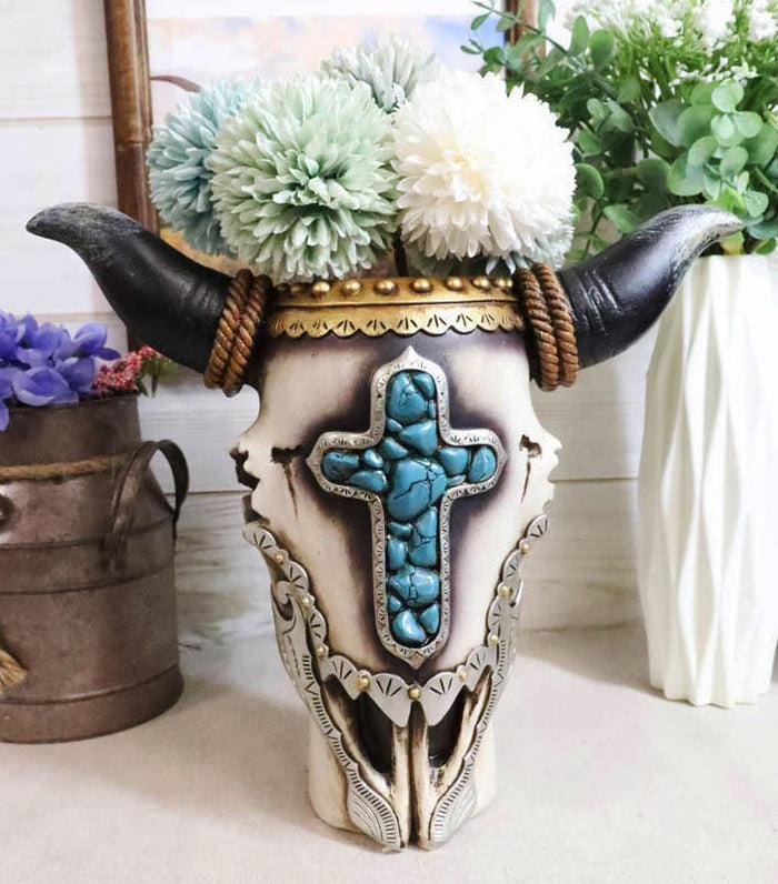 ebros gift Western Rustic Cow Skull With Turquoise Rocks Cross And Ropes Vase Planter Decor