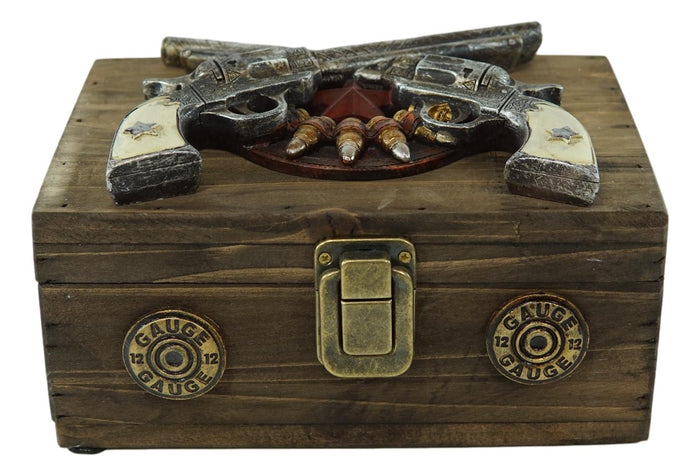 Ebros Gift Western Rustic Cowboy Dual Revolver Pistols And Bullets Decorative Wood Box