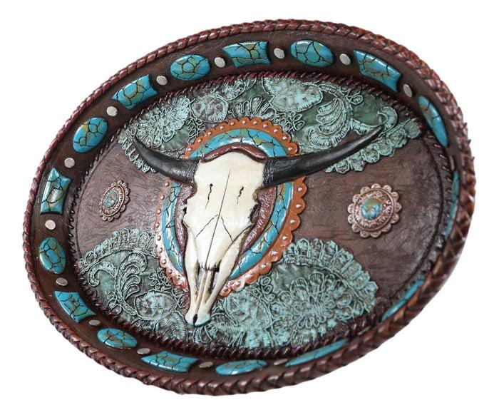 Ebros Gift Western Rustic Cowboy Texas Longhorn Skull Turquoise Conchos Dish Tray 12"L