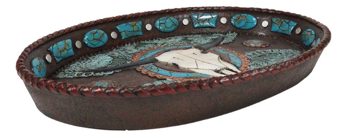 Ebros Gift Western Rustic Cowboy Texas Longhorn Skull Turquoise Conchos Dish Tray 12"L