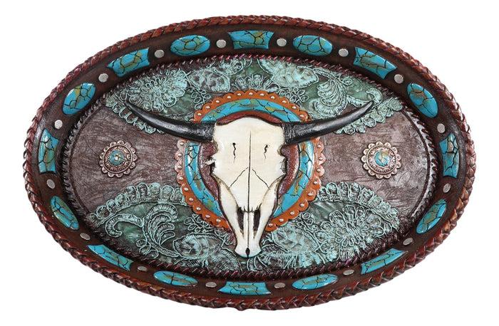 Ebros Gift Western Rustic Cowboy Texas Longhorn Skull Turquoise Conchos Dish Tray 12"L
