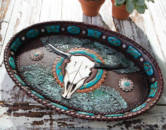 ebros gift Western Rustic Cowboy Texas Longhorn Skull Turquoise Conchos Dish Tray 12"L