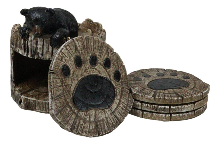 Ebros Gift Western Rustic Forest Peeking Black Bear Tree Ring Paw Coasters And Holder Set
