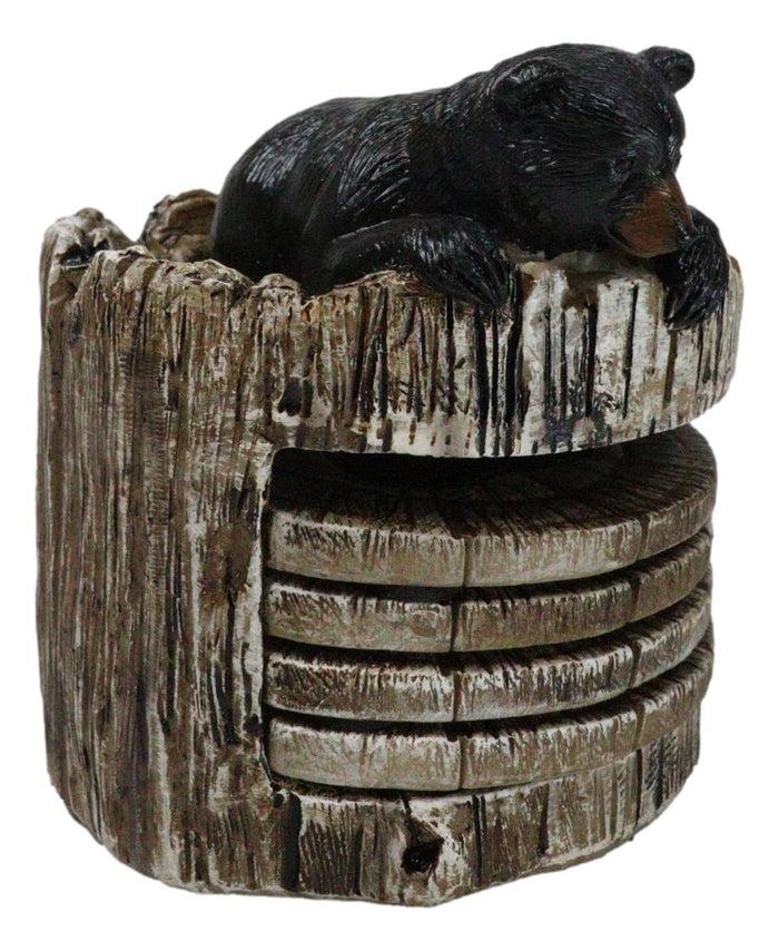 Ebros Gift Western Rustic Forest Peeking Black Bear Tree Ring Paw Coasters And Holder Set