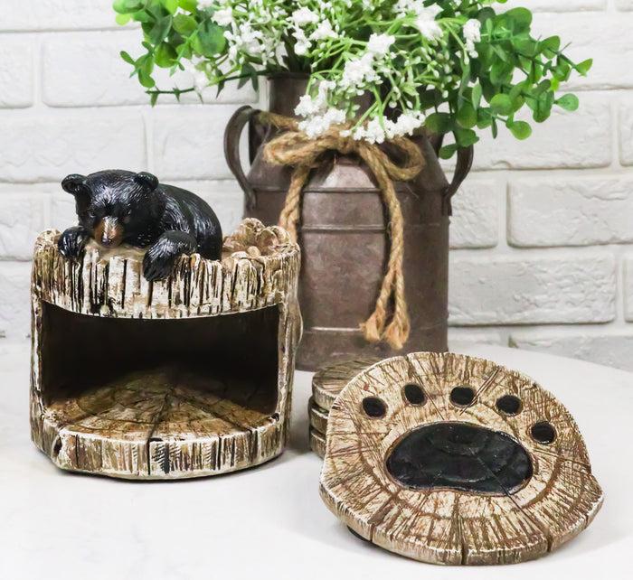 ebros gift Western Rustic Forest Peeking Black Bear Tree Ring Paw Coasters And Holder Set