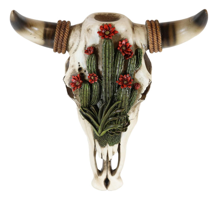 Ebros Gift Western Rustic Green Flowering Cactus Steer Bison Bull Cow Skull Wall Decor