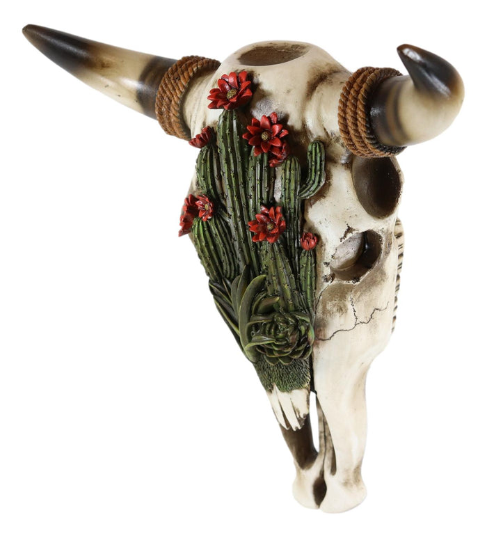 Ebros Gift Western Rustic Green Flowering Cactus Steer Bison Bull Cow Skull Wall Decor