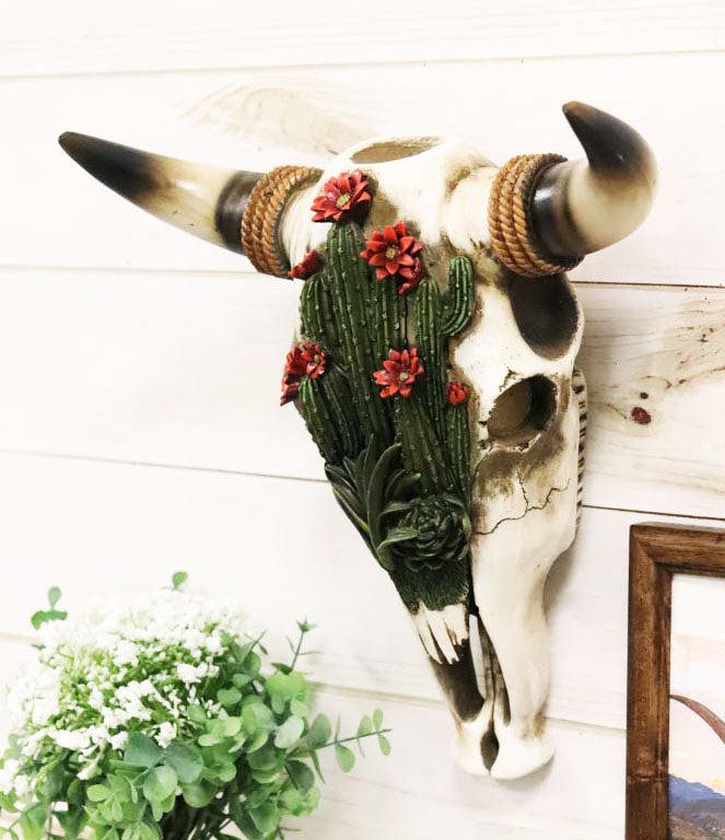 ebros gift Western Rustic Green Flowering Cactus Steer Bison Bull Cow Skull Wall Decor