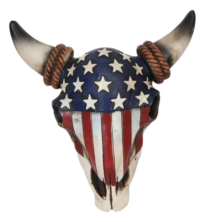 Ebros Gift Western Rustic Patriotic USA Flag Steer Bull Cow Skull Decorative Trinket Box
