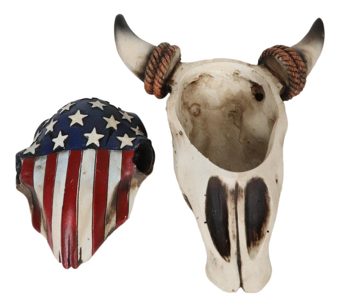 Ebros Gift Western Rustic Patriotic USA Flag Steer Bull Cow Skull Decorative Trinket Box