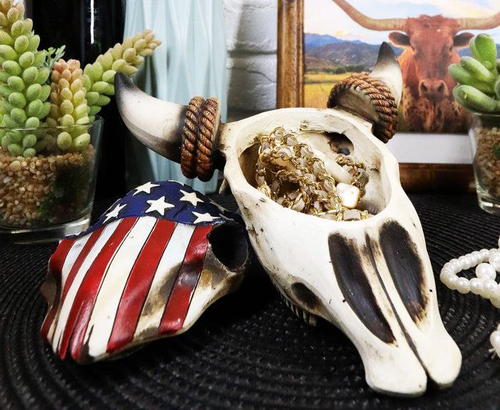 ebros gift Western Rustic Patriotic USA Flag Steer Bull Cow Skull Decorative Trinket Box