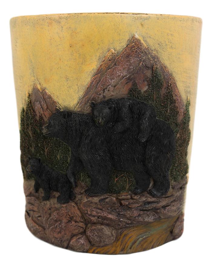 Ebros Gift Western Rustic Pine Mountain Black Bear With Cubs Waste Basket Dry Trash Bin