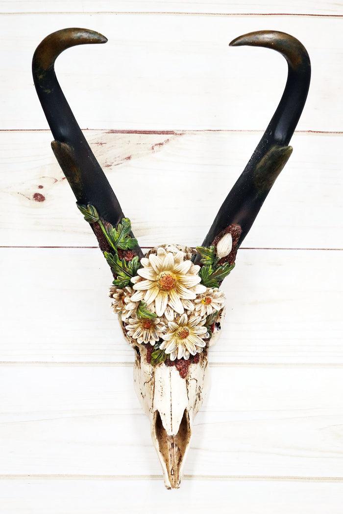 Ebros Gift Western Rustic Pronghorn Antelope Skull With Antlers Feverfew Flowers Wall Decor