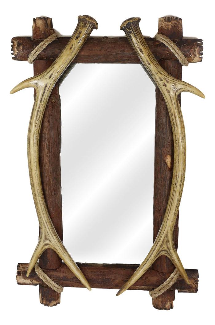 Ebros Gift Western Rustic Stag Deer Antlers Rack On Wooden Logs Wall Mirror Plaque 22'H