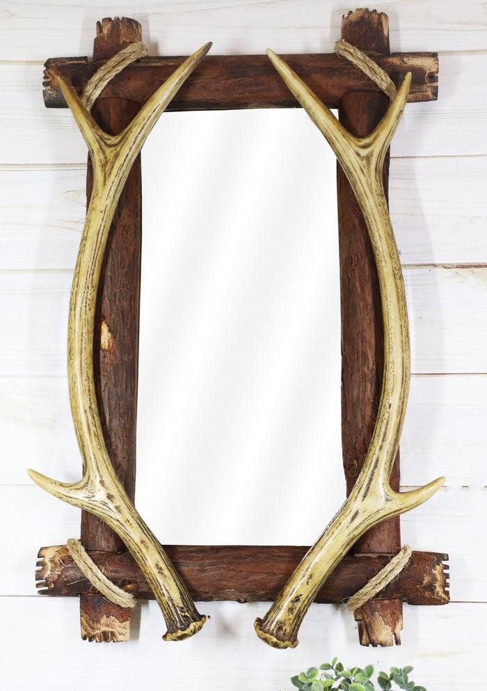 ebros gift Western Rustic Stag Deer Antlers Rack On Wooden Logs Wall Mirror Plaque 22'H