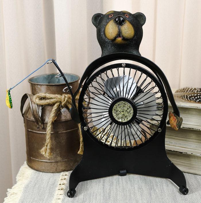 ebros gift Western Rustic Wildlife Black Bear Fishing USB Portable Desk Fan Figurine
