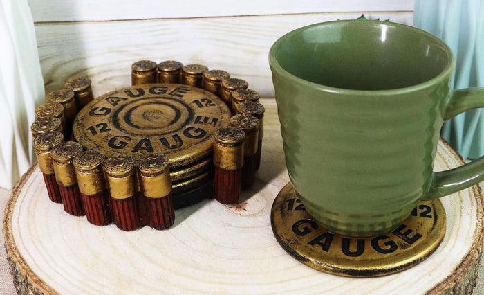 ebros gift Western Shotgun 12 Gauge Bullet Shells Round Coaster Holder with 4 Coasters Set