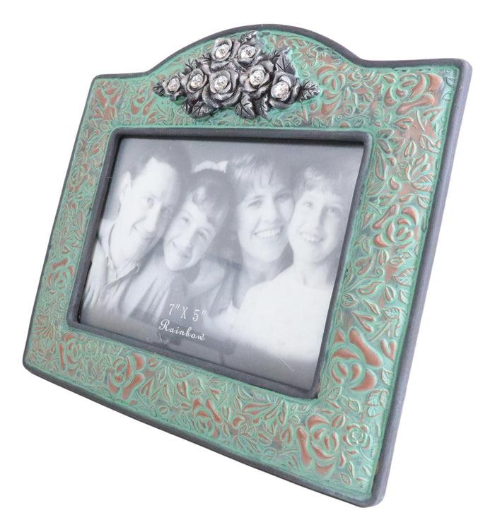 Ebros Gift Western Silver Roses Turquoise Faux Tooled Leather Picture Photo Frame 5"X7"
