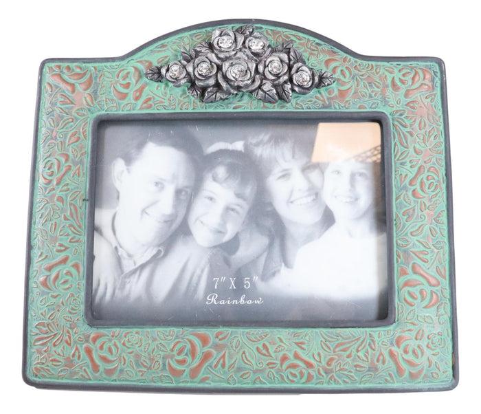 Ebros Gift Western Silver Roses Turquoise Faux Tooled Leather Picture Photo Frame 5"X7"