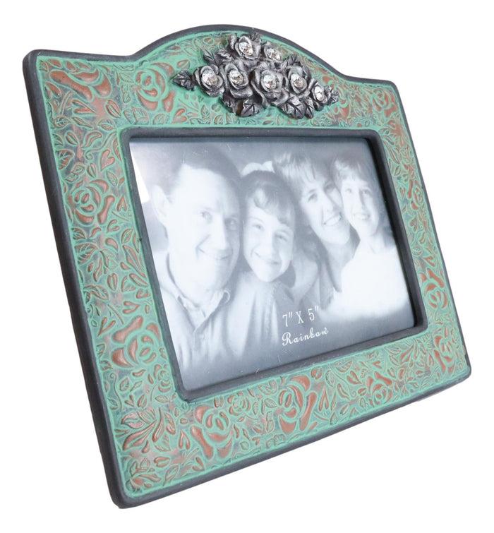Ebros Gift Western Silver Roses Turquoise Faux Tooled Leather Picture Photo Frame 5"X7"