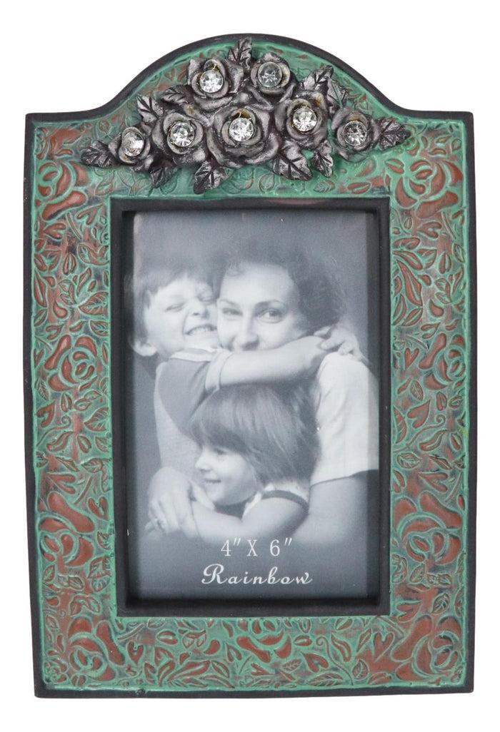 Ebros Gift Western Silver Roses Turquoise Faux Tooled Leather Picture Photo Frame 4"X6"