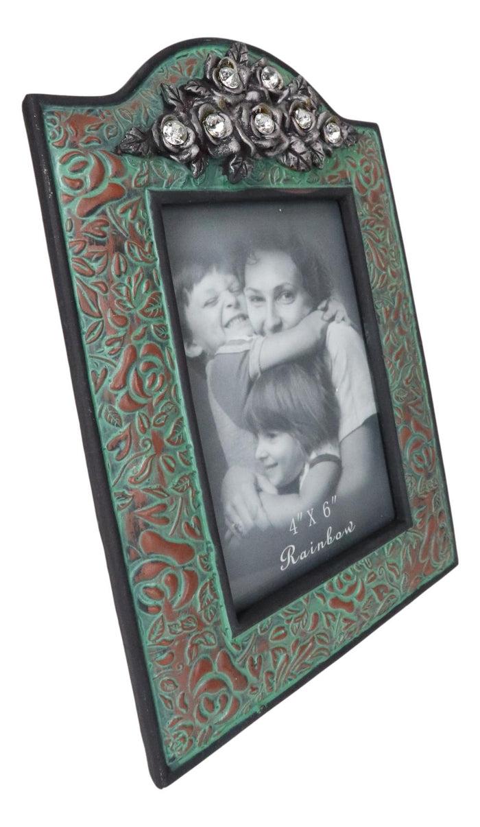 Ebros Gift Western Silver Roses Turquoise Faux Tooled Leather Picture Photo Frame 4"X6"