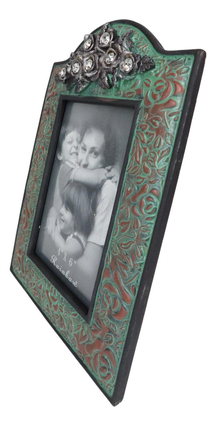 Ebros Gift Western Silver Roses Turquoise Faux Tooled Leather Picture Photo Frame 4"X6"