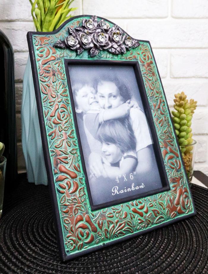 ebros gift Western Silver Roses Turquoise Faux Tooled Leather Picture Photo Frame 4"X6"