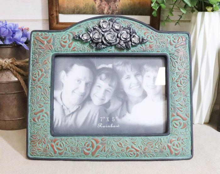 ebros gift Western Silver Roses Turquoise Faux Tooled Leather Picture Photo Frame 5"X7"