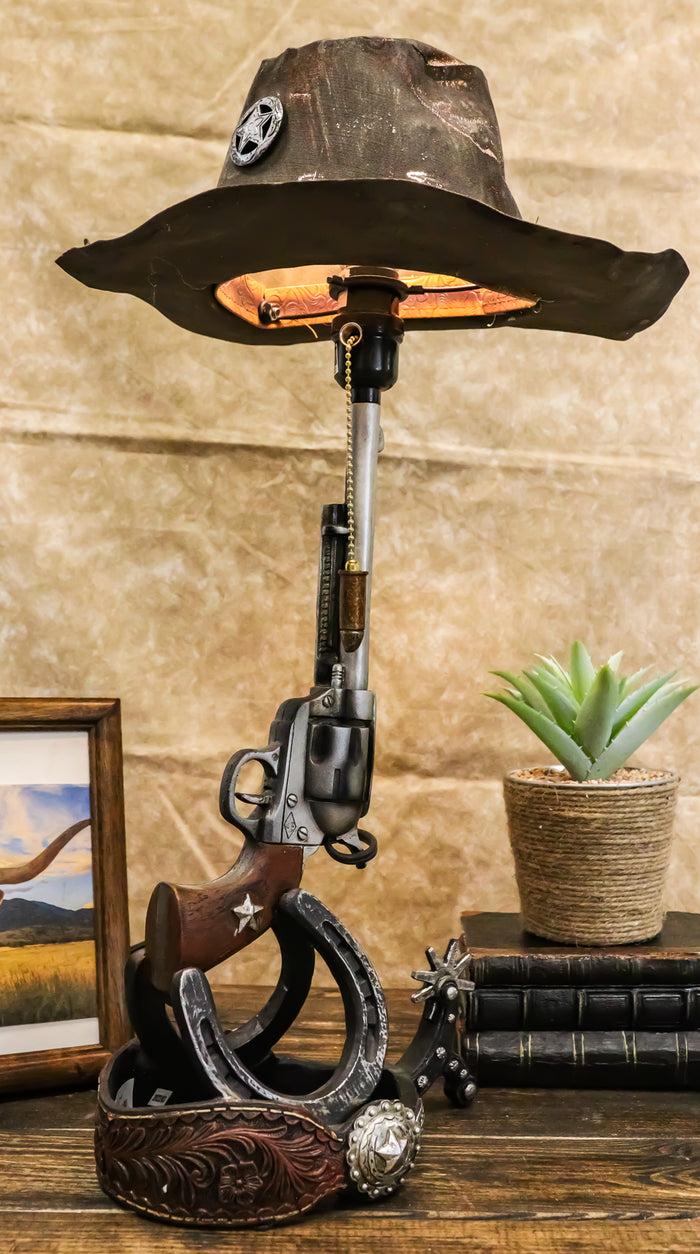 ebros gift Western Six Shooter Gun Horseshoes Heel Spur Side Table Lamp With Cowboy Hat