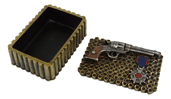 Ebros Gift Western Six Shooter Pistol Ammo Shells Gold Tone Bullets Decorative Box 7"L